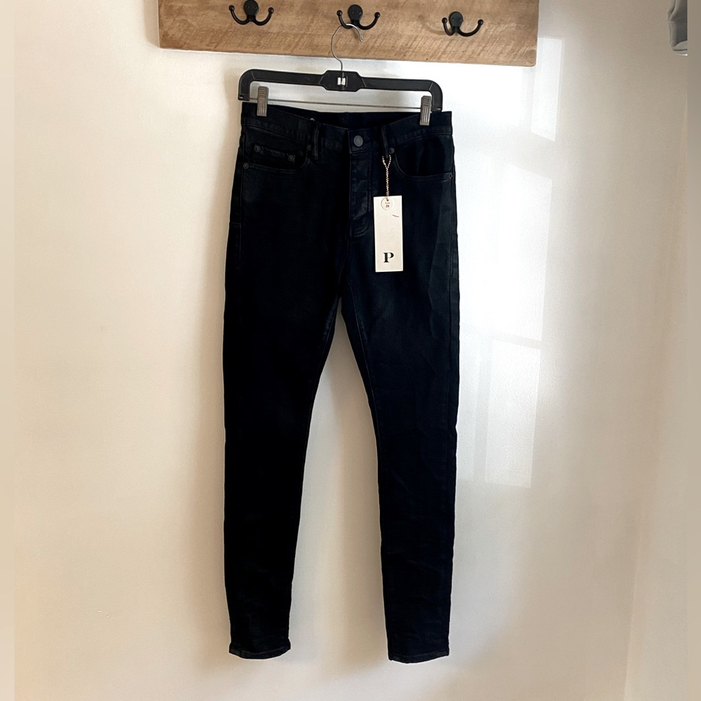 PURPLE BRAND Mens 29 Slim Midnight Oil Coated Black Button-Fly Luxury Jeans P001